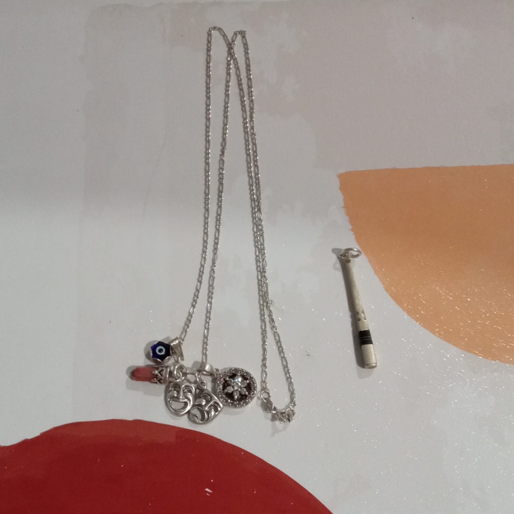 Figaro 925 Real Silver Chain Necklace W/ 5 Pendants